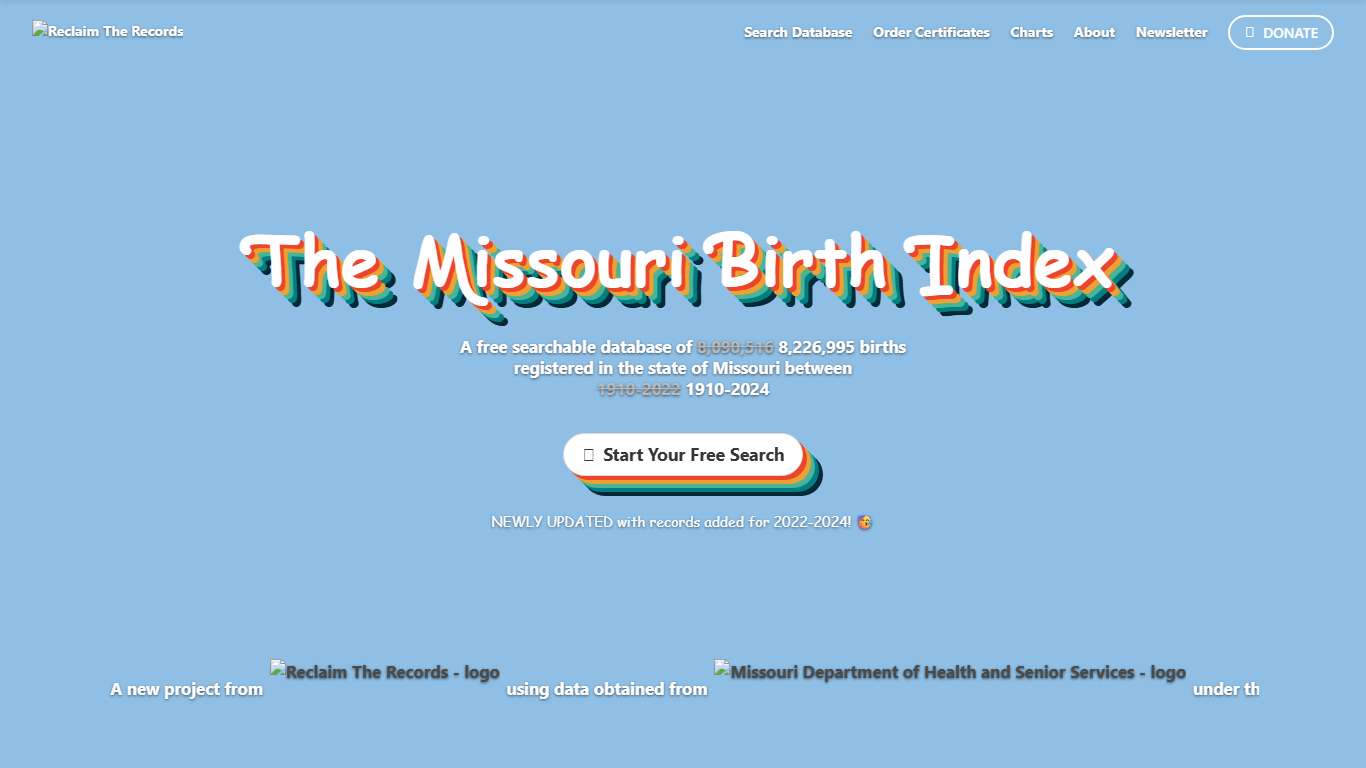 The Missouri Birth Index // Free searchable database of 8,226,995 births in the state of Missouri between 1910-2024. Presented by Reclaim The Records